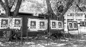 An NSUI leaders posters pasted on the space allotted to other student parties on the Panjab University campus in Chandigarh on Sunday.