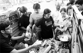 Students of the University Institute of Chemical Engineering and Technology, Panjab University, sell organic vegetables at Sector 34 in Chandigarh on Sunday.