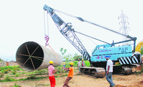 Work on laying a pipeline at the Phase V and Phase VI of Kajauli Waterworks in full swing at Gharuan village.