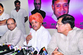 Gurgaon MP Rao Inderjit Singh at a press conference in Rohtak on Sunday.