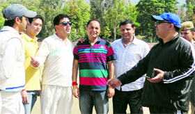 SHO Rakesh Akram and members of Amit Memorial Club, Reasi, at the toss during the inaugural match of the Amit Memorial T-20 tournament in Reasi on Sunday.