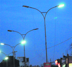 Most of the streetlights lie non-functional on the Crystal Chowk road in Amritsar on Monday.