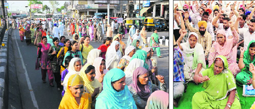 (Left) Members of various farmer and teacher unions take out a protest march against the state governments policies in Bathinda on Monday; members of the unemployed linemen union and their family members sit on dharna at the childrens park in support of their demands. 