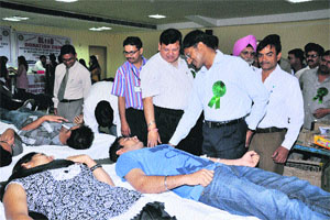 Girl students donate blood at a camp at Gurgaon Institute of Technology, Bilaspur. 