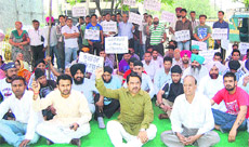 Members of the Hindu Yuva Manch, Punjab, hold a protest at the DC complex in Jalandhar on Monday.