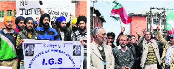 Members of the Institute of Gurmat Studies shout slogans against the ban on film Sadda-Haq in Srinagar on Monday, (right) supporters of Awami National Conference protest against the demolition a mosque in Srinagar .Tribune Photos: Amin War
