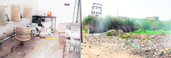 biomedical waste dumped in a washroom in Bhai Himmat Singh Satellite Hospital; and a garbage dump outside the hospital at Ghanupur Kale in Amritsar on Tuesday.