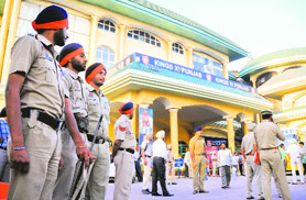 Police personnel deployed at the PCA Stadium in Mohali on Tuesday head of the IPL match between Chennai Super Kings and Kings XI Punjab to be held tomorrow.