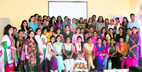 Girls of the Kalamkari Centre Society (KCS) College of Education (Women) at the alumni meet in Jammu on Tuesday.