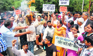 Members of the Indian Peoples Theatre Association burn an effigy of Punjabi singers using vulgar lyrics, in Jalandhar on Tuesday.