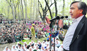 Muhammad Yousuf Tarigami, state secretary of the CPM, addresses party workers in the Kulgam area of south Kashmir on Tuesday.