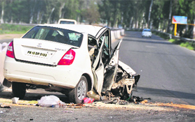 The mangled remains of a car that met with an accident near Ajnod village in Ludhiana on Tuesday.