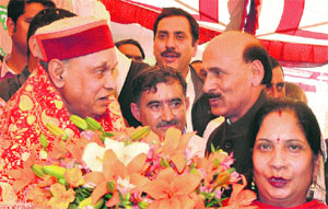 Former Chief Minister PK Dhumal being greeted by party activists on his birthday at Banal in Hamirpur on Wednesday.