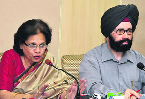 Punjab State Electricity Regulatory Commission chairperson Romila Dubey addresses mediapersons in Chandigarh on Wednesday. 