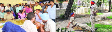 Members of the deceased Darshan Singhs family and others hold a meeting with senior MC officials in Ludhiana on Wednesday; and (right) policemen wait for the demolition drive to start in Industrial Area A. 