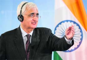 Foreign Minister Salman Khurshid speaks at press conference in Berlin on Wednesday