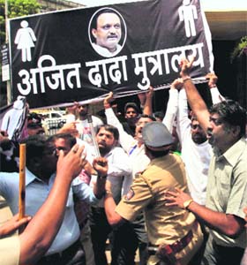 MNS activists protest against Maharashtra Deputy Chief Minister Ajit Pawar in Mumbai on Wednesday