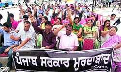 Members of the Punjab Civil Medical Services (PCMS) Association hold a dharna against the state government and in support of their demands, outside the office of the Civil Surgeon in Bathinda, on Thursday