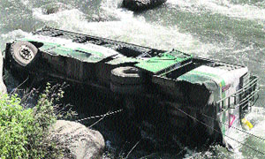 The ill-fated bus that fell into the Beas at 15 Mile village near Manali on Thursday. 