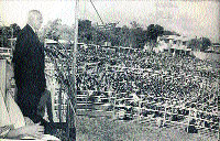 A file photograph of Sheikh Abdullah addressing a rally while then Prime Minister Indira Gandhi sits on the podium.