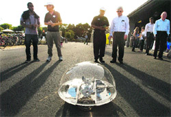 The UFO (Universally Friendly Object) robot is demonstrated during the Robot Block Party at Stanford University in Stanford, California, on Wednesday. Silicon Valley companies representing research, industrial and consumer robotics participated in the annual event held in conjunction with the National Robotics Week.