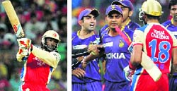 Chris Gayle led the rout of Kolkata, whose captain Gautam Gambhir (right) got into a verbal tussle with his Bangalore counterpart, Virat Kohli.  PTI
