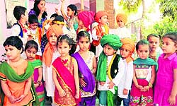 Tiny tots were dressed in traditional attire to celebrate Baisakhi at Daddys Teddy playway school in Bathinda on Friday