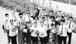 Students in a jubilant mood after receiving awards during the annual day celebrations at the Chandigarh Institute of Hotel Management and Catering Technology, Sector 42, in@@Chandigarh on Friday. 