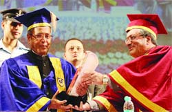 The President, Pranab Mukherjee, during the 26th convocation of Indira Gandhi National Open University in New Delhi on Friday. Tribune photo