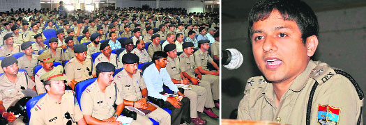 SSP, Haridwar, Arun Mohan Joshi (right), at a meeting of mela police personnel on the eve of Baisakhi in Haridwar on Friday. 