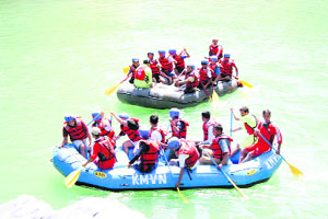 A river rafting training being given by the Kumaon Mandal Vikas Nigam in the Kali river.