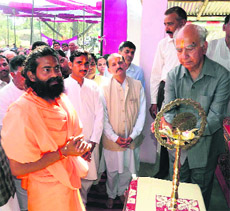 Rajya Sabha member Shanta Kumar inaugurates Atam Pragya Ashram at Bagni near Nurpur on Friday. 
