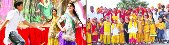 Students of CT Public School perform a dance; and (right) students of Manav Sehyog School dress up in traditional attire as they celebrate Baisakhi in Jalandhar on Friday.
