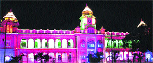 A view of the illuminated Mumbarak Mandi complex on the eve of the Baisakhi festival in Jammu on Friday. 