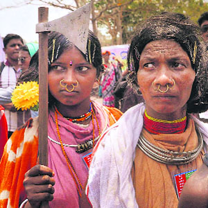 Women of the Niyamgiri Dongaria tribe take part in a protest against Vedanta and Posco in Bhubaneswar on Friday.