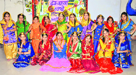 Students of Spring Dale Sr Sec School Public School perform while celebrating Baisakhi in Ludhiana on Saturday.
