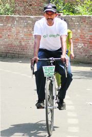 Sanjay Verma starts his bicycle journey for Bangalore from Ludhiana on Saturday.