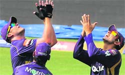 Knight Riders during the training in Jaipur on Saturday. PTI