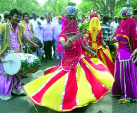 Artistes perform at a function to celebrate the 122nd birth anniversary of Dr B.R. Ambedkar at AICC headquarters in New Delhi on Sunday.