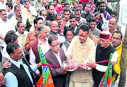 MLA, Mussoorie, Ganesh Joshi, inaugurates the BJP election office in Mussoorie on Sunday