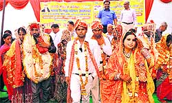 Mass marriages being solemnised for poor couples by the Bharat Vikas Parishad in Jalandhar on Sunday