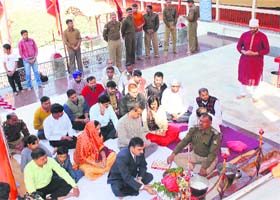 Navratri prayers: Officials of the Central Reserve Police Force perform a religious ceremony at the Sheharka Mata temple in Srinagar on Sunday