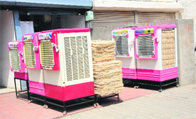 Coolers on sale at a shop in Bathinda on Monday. With the onset of summer, the demand for coolers has seen a rise.