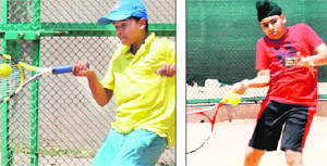 Players in action during a lawn tennis match at Manav Mangal School in Sector 11, Panchkula, on Monday.