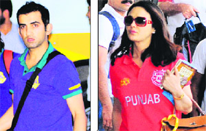 Gautam Gambhir, captain of Kolkata Knight Riders, and Preity Zinta, co-owner of Kings XI Punjab, arrive at a hotel in Chandigarh on Monday. The two teams will take on each other during a T20 match at the PCA Stadium in Mohali on Tuesday.