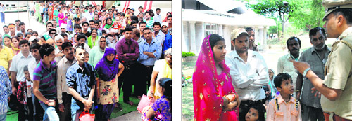 Police officials nowhere to be seen around devotees; and (right) a woman talks to a police official after her chain was snatched while she was jostling to make her way into the “bhandara” place.