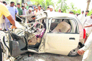 The mangled remains of the car after the accident on Monday. 