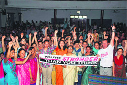Patrick Moore (second from right) and principal Dr Bharti Bhandhu (fourth from right) with the teachers and students during a workshop on self-defence at Arya Kanya Mahavidyalaya, Shahabad (M), recently.