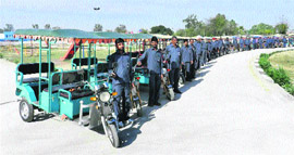 Battery-driven auto rickshaws parked in Sirsa. 