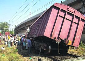 Traffic on the Ambala-Amritsar rail line remained disrupted on Monday morning after three wagons of a goods train derailed at the Sirhind railway station